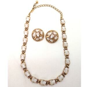 Vintage Trifari Mazer fruit salad Moonstone Glass leaf Necklace & Earring Set